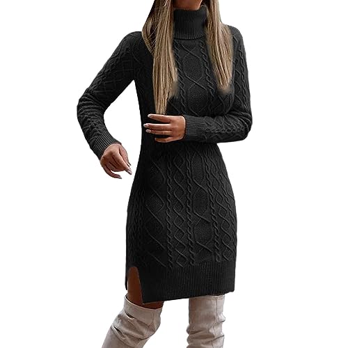 FNKDOR Strickkleid Damen Winter mit Rollkragen Kurz Elegant Zopfmuster Winterkleider Pulloverkleid (Black, XXXL) von FNKDOR