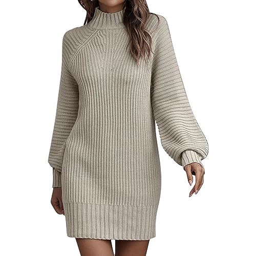 FNKDOR Strickkleid Damen Winter mit Rollkragen Kurz Gerippt Puffärmel Winterkleider Pulloverkleid (A, XXL) von FNKDOR