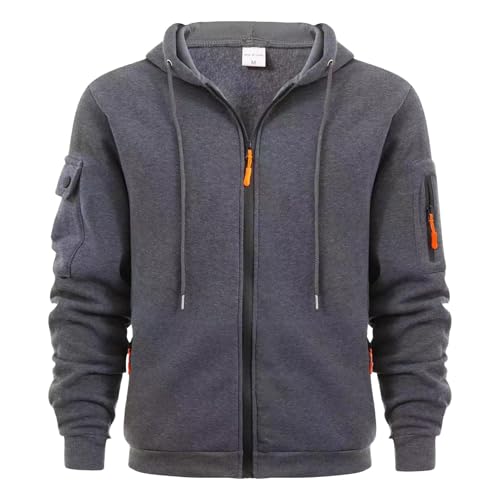 FNKDOR Sweatjacke Herren mit Kapuze und Armtasche Zip Hoodie Einfarbig Sweatshirt Jacke Kapuzenpullover mit Reißverschluss Taschen (Dark Gray, XXL) von FNKDOR