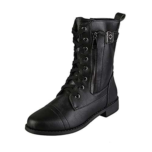 FNKDOR Tooling Boots Combat Boots Schnürstiefel Damen Stiefeletten Leder Kurzschaft Stiefel Zipper Booties Schwarz 41 von FNKDOR