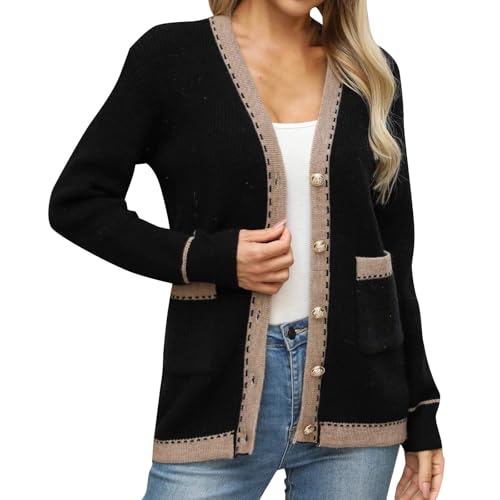 FNKDOR Trachten Strickjacke Damen Lange Elegant V-Ausschnitt Cardigan Strickmantel mit Taschen und Knopfleiste (Black, XL) von FNKDOR