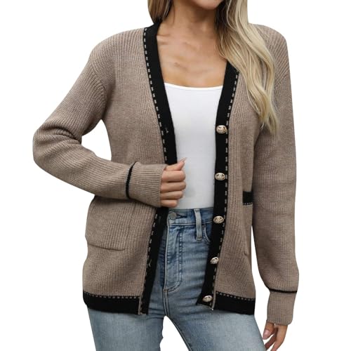 FNKDOR Trachten Strickjacke Damen Lange Elegant V-Ausschnitt Cardigan Strickmantel mit Taschen und Knopfleiste (Coffee, L) von FNKDOR