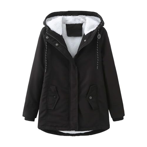 FNKDOR Winterjacke Damen Kurz Grosse Grössen Warm Fleece Gefüttert Winterparka Wintermantel Parka Jacke Kapuzenjacke (Black, XXXXL) von FNKDOR