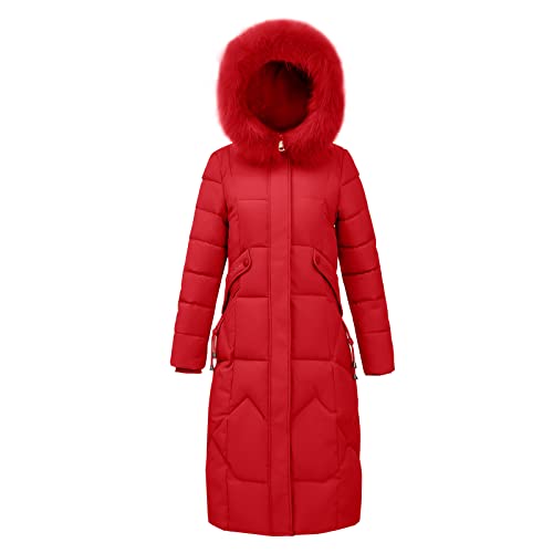 FNKDOR Winterjacke Damen Lang Daunenjacke Steppjacke mit Fellkante Kapuze Elegant Slim Fit Wintermantel Rot XXL von FNKDOR