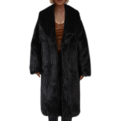 FNKDOR Winterjacke Damen Lange Umlegekragen Cardigan Kunstpelz Mantel Pelzmantel Wintermantel Warm Fellimitat Jacke Kunst Pelzjacke (Black, XXL) von FNKDOR