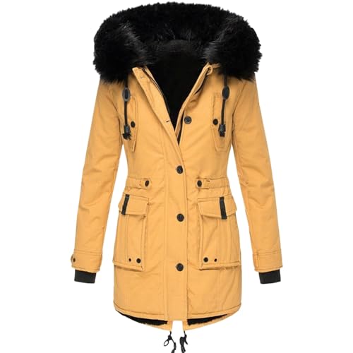 FNKDOR Winterjacke Damen Lange Warm Gefüttert Grosse Grössen Winterparka Baumwolle Parka Jacke Mantel mit Fellkapuze (Yellow, XXL) von FNKDOR