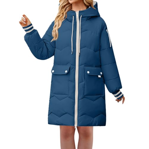 FNKDOR Winterjacke Damen Lange Warm Grosse Grössen Baumwolle Steppjacke Daunenjacke Puffer Jacke Mantel Wintermantel mit Kapuze (Blue, M) von FNKDOR