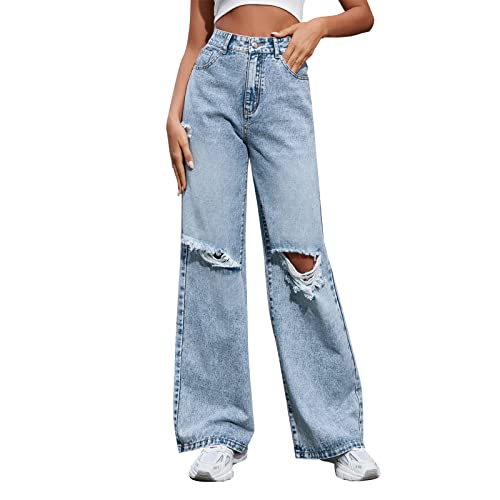 FNKDOR High Waist Jeans Damen Loose Baggy Weite Jeans Wide Leg Jeans Ripped Jeans mit Löchern von FNKDOR