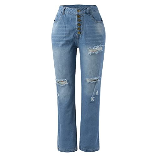 FNKDOR Jeans Damen Zerrissen Straight Leg Jeans Gerade Jeanshose mit Knopfleiste von FNKDOR