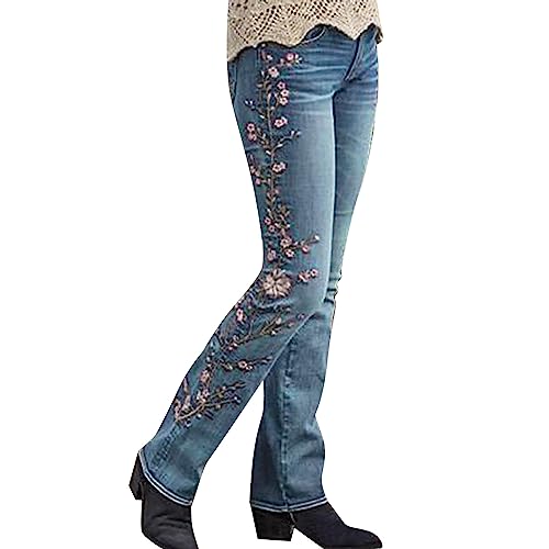 Jeans Damen Hoher Taille Bootcut Jeans Flared Jeans Schlagjeans mit Blumenstickerei von FNKDOR