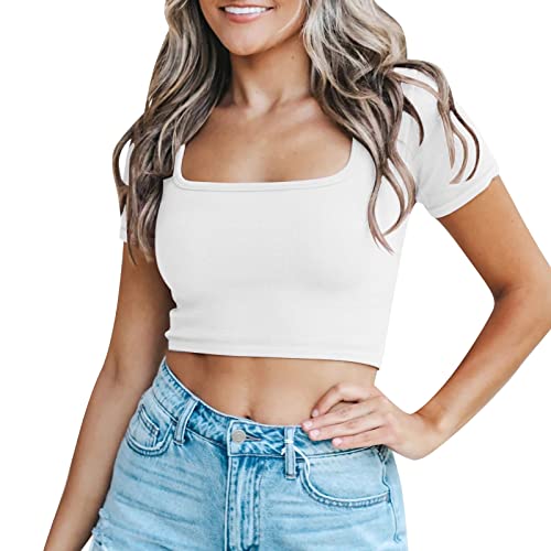 Kurze Ärmel Quadratischer Kragen Gerippte Enge Crop Tops Für Frauen von FNKDOR