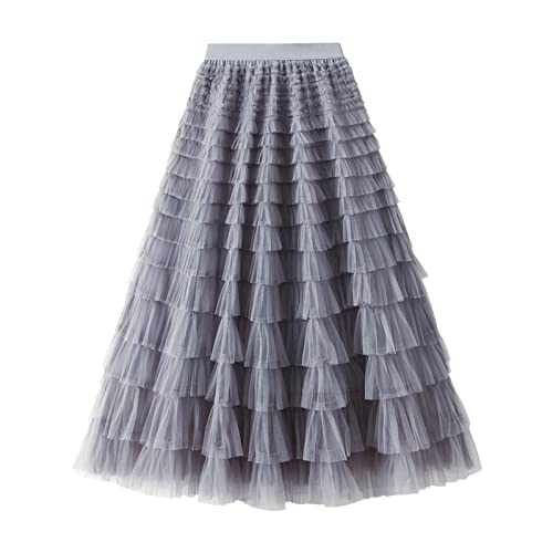 Stufenrock Tüllrock mit Petticoat Damen Schlicht Lang Hohe Taille Swing Plisseerock von FNKDOR