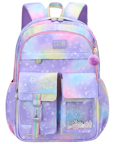 FNTSIC Niedliche Prinzessinnen-Grundschultasche, Kawaii-Kinder-Rucksäcke, große Kapazität, leichte Schultertaschen, ideal für Teenager-Mädchen und Jungen, Starry Purple, Rucksack Backpacks von FNTSIC