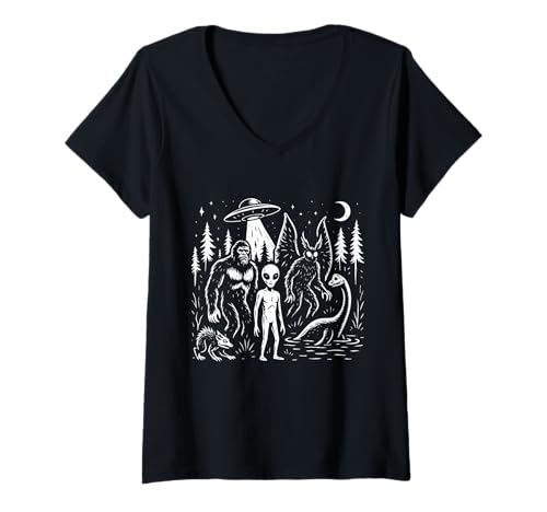 Damen Kryptische Kreaturen, Bigfoot Mothman, Loch Ness, Monster Alien T-Shirt mit V-Ausschnitt Damen Kryptische Kreaturen, Bigfoot Mothman, Loch Ness, Monster Alien T-Shirt mit V-Ausschnitt von FO Unexplained Midnight Mythical Creature Merch