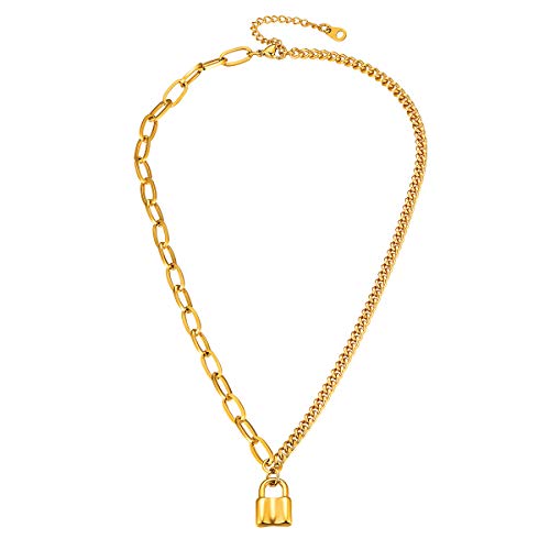 FOCALOOK 18k vergoldet Damen Collier Asymmetrische Schlüsselbein Kette Vorhängeschloss Anhänger mit Panzerkette & Ankerkette Cool Modeschmuck Accessoire für Mädchen Frauen von FOCALOOK