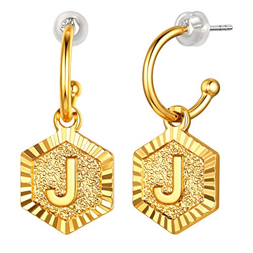 FOCALOOK 18k vergoldet Endlose Creolen mit Buchstabe J goldfarbige Halb Kreolen + Sechseck Münze Anhänger Damen Mädchen trendiger Ohrringe Ohrschmuck Accessoire für Geburtstag Jahrestag von FOCALOOK