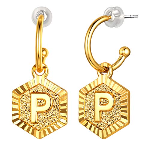FOCALOOK 18k vergoldet Endlose Creolen mit Buchstabe P goldfarbige Halb Kreolen + Sechseck Münze Anhänger Damen Mädchen trendiger Ohrringe Ohrschmuck Accessoire für Geburtstag Jahrestag von FOCALOOK