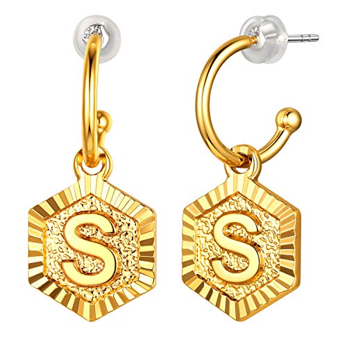 FOCALOOK 18k vergoldet Endlose Creolen mit Buchstabe S goldfarbige Halb Kreolen + Sechseck Münze Anhänger Damen Mädchen trendiger Ohrringe Ohrschmuck Accessoire für Geburtstag Jahrestag von FOCALOOK
