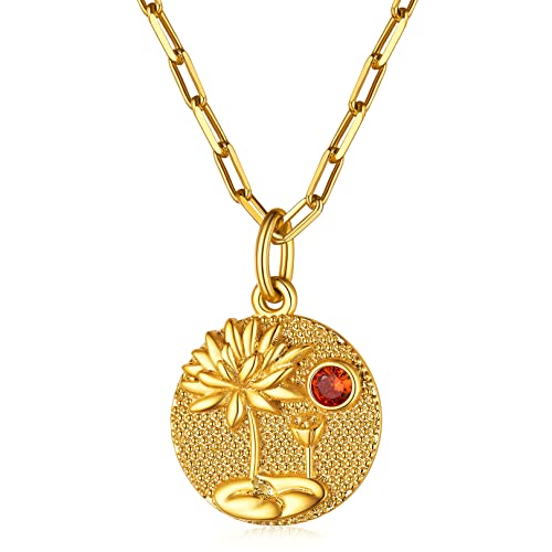 FOCALOOK 18k vergoldet Juli Geburtsblume Kette für Damen Mädchen Lotosblume Münze Anhänger mit Geburtsstein 45+5cm Rolokette Geburtstag Halskette Modeschmuck Accessoire von FOCALOOK
