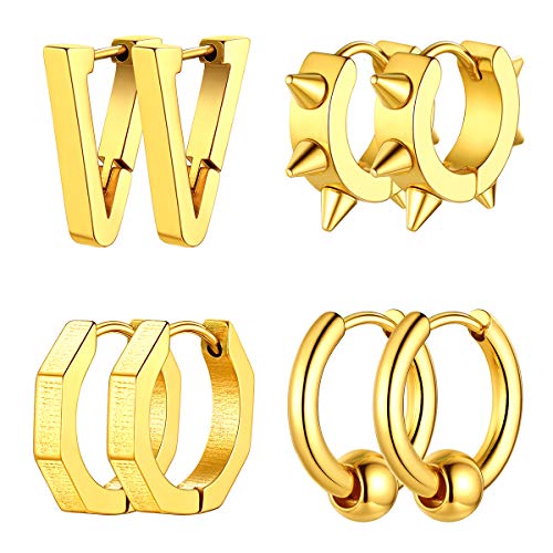 FOCALOOK 18k vergoldet Ohrringe Set für Jungen Mädchen 4 paare Spike/Kreis/Dreieck/Achteck Huggie Ohrstecker Minimalist Ohr Piercing Ohrschmuck Accessoire für Männer Frauen von FOCALOOK