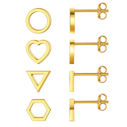 FOCALOOK 18k vergoldet Ohrringe Set für Jungen Mädchen 4 paare hohle Herz/Runde/Dreieck/Sechseck Ohrstecker Minimalist Ohr Piercing Ohrschmuck Accessoire für Männer Frauen von FOCALOOK