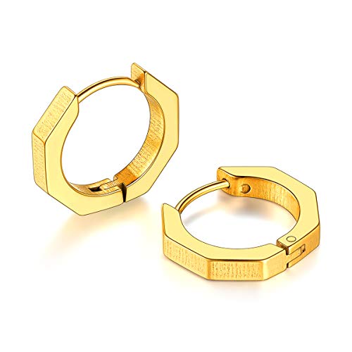 FOCALOOK 18k vergoldet Ohrringe für Jungen Mädchen Punk Stil Achteck Huggie Ohrstecker Minimalist Ohr Piercing Ohrschmuck Accessoire für Männer Frauen von FOCALOOK