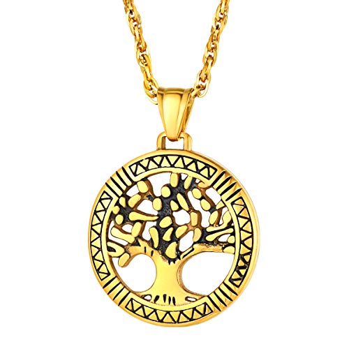 FOCALOOK 18k vergoldet Runde Anhänger Halskette Baum des Lebens Schmuck mit 55cm verstellbar Kette Hohle Yggdrasil Weltenbaum Collier für Männer Frauen tolles Geschenk von FOCALOOK