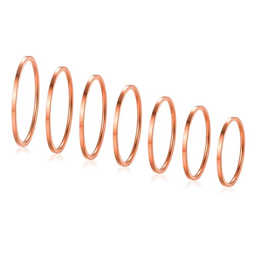 FOCALOOK 1mm breit Stapelringe Set für Damen Mädchen 7 Stücke Knöchelringe Knuckel Ringe Rosegold vergoldet Midi Ringe Fingerringe Alltagsleben Modeschmuck Accessoire Größen 47-62 von FOCALOOK