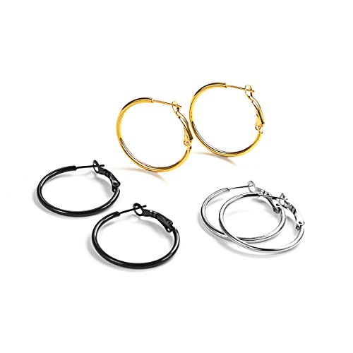 FOCALOOK 3 Paare Hoop Ohrringe Set Creolen Große Runde Kreis Ohrringe 30mm Gold/Silber/Schwarz Elegant Ohrschmuck für Frauen Mädchen Bürodamen von FOCALOOK