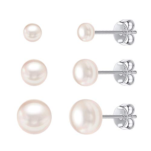 FOCALOOK 3 paare Ohrringe Set Damen 4mm/6mm/8mm weiße Perle Ohrstecker 925 Sterling Silber Ohrringe Ohr Piercing Elegante Hochzeit Jahrestag Ear Studs für Frauen Mädchen von FOCALOOK