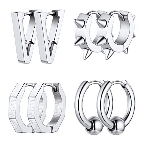 FOCALOOK 4 paare Ohrringe Set Damen Herren Spike/Kreis/Dreieck/Achteck Huggie Kreolen Edelstahl Ohrringe Ohr Piercing Modeschmuck Accessoire Ear Studs für Frauen Männer von FOCALOOK