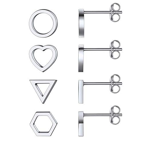 FOCALOOK 4 paare Ohrringe Set Damen Herren hohle Herz/Runde/Dreieck/Sechseck Ohrstecker Edelstahl Ohrringe Ohr Piercing Modeschmuck Accessoire Ear Studs für Frauen Männer von FOCALOOK