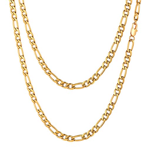 FOCALOOK 5mm massiv 3+1 Figarokette Halskette 18k vergoldet 60cm/24 lang Edelstahl Gliederkette für Männer Jungen Punk Hip Hop Rapper Halsschmuck von FOCALOOK