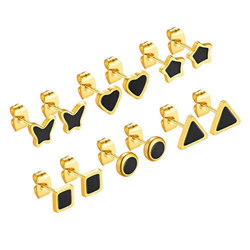 FOCALOOK 6 teilige Ohrringe Set Damen Herren Ohrstecker 18k vergoldet Herz/Quadrat/Dreieck/Stern/Runde/Schmetterling Ohrstecker Ohr Piercing Modeschmuck Accessoire Ear Studs für Frauen Männer von FOCALOOK