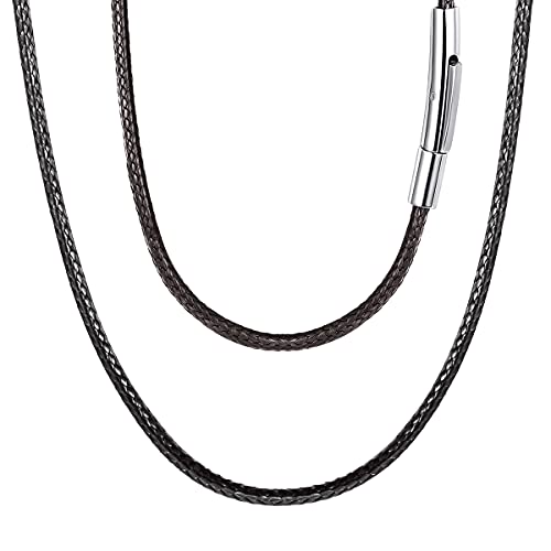 FOCALOOK 70CM Halskette personalisiert Kunstleder Collier Wachsschnur Kette 2mm breit Schwarz Geflochten Lederkette Name Gravur Lederband mit Edelstahl Verschluss für Männer Frauen Jungen Mädchen von FOCALOOK