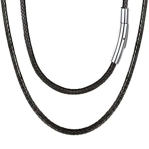 FOCALOOK 75CM Halskette personalisiert Kunstleder Collier Wachsschnur Kette 3mm breit Schwarz Geflochten Lederkette Name Gravur Lederband mit Edelstahl Verschluss für Männer Frauen Jungen Mädchen von FOCALOOK