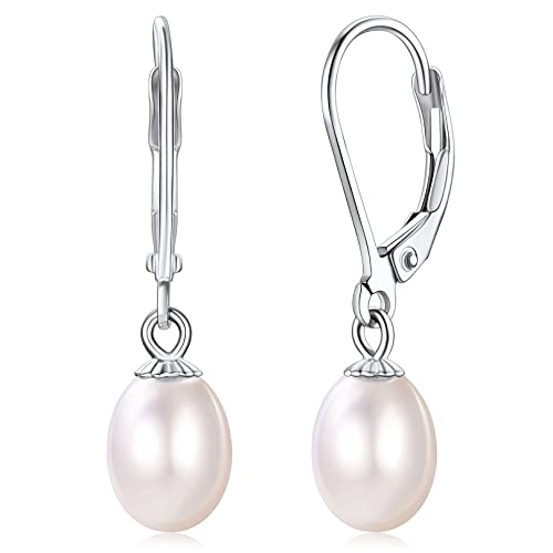 FOCALOOK 8mm Perle Baumel-Ohrringe für Damen 925 Sterling Silber Süßwasser Perle Ohrringe Elegante Drop Earrings Verlobung Hochzeit Jahrestag Schmuck Accessoire von FOCALOOK