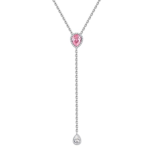 FOCALOOK 925 Silber Geburtsstein Y-Kette Oktober für Damen Lariat Halskette 40+5cm mit Synthetischen Rosa Turmalin Quastenkette Hochzeit Verlobung Schmuck Accessoire von FOCALOOK