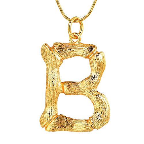 FOCALOOK Anhänger Halskette Gelbgold überzogend Damen Initiale Schmuck Bambus Stil Buchstabe B Collier 50+5cm 1,2mm Schlangenkette Gold Women Necklace von FOCALOOK