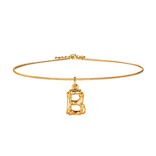 FOCALOOK Anhänger Halskette Gelbgold überzogend Damen Initiale Schmuck Bambus Stil kleine Buchstabe B Collier 40cm verstellbar Ankerkette Gold Women Necklace von FOCALOOK