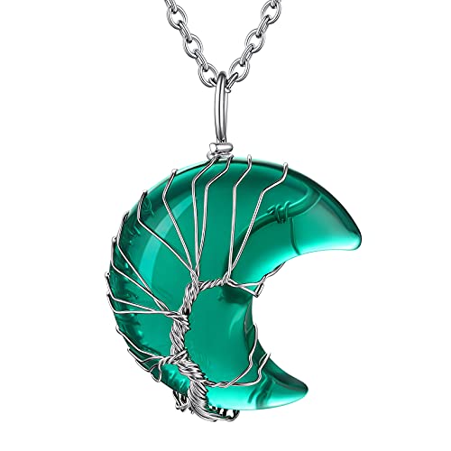 FOCALOOK Baum des Lebens + Mondsichelförmiger Synthetischer Smaragd Anhänger mit 50+5cm Rolokette Edelstahl Lebensbaum Halskette Modeschmuck Accessoire für Damen Mädchen von FOCALOOK