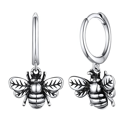 FOCALOOK Biene Creolen für Frauen Mädchen Ohrringe Hängend 925 Sterling Silber Bienen Kreolen Hängend Edel Ohrringe Schick Ohrschmuck Vintage Schmuckstücke in Altsilber Farbe von FOCALOOK