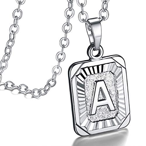 FOCALOOK Buchstabe A Collier Rechteck Anhänger Halskette platiniert 50cm verstellbare Rolokette Initiale Schmuck für Damen Mädchen - Party Geburtstag von FOCALOOK