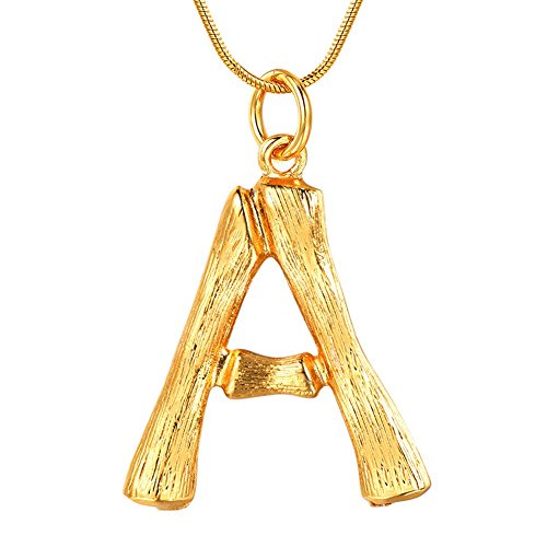 FOCALOOK Buchstabe A Halskette Gelbgold überzogend Damen Anhänger Initiale Groß Bambus Stil Collier Schlangenkette 1,2mm 55cm verstellbar Coole Schmuck für Mädchen in Gold von FOCALOOK