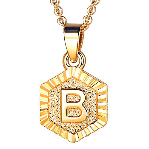 FOCALOOK Schmuck Damen Collier Buchstabe B Anhänger 18k vergoldet mit 55cm Rolokette Anfangsbuchstabe Hexagon Tag trendig Halskette für Frauen Mädchen von FOCALOOK