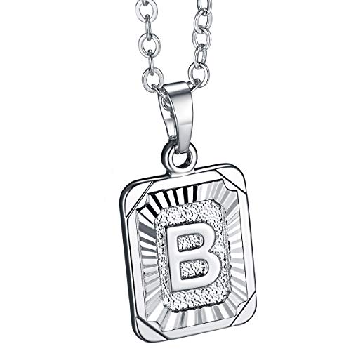 FOCALOOK Buchstabe B Anhänger Halskette platiniert Rechteck Tag mit 50+5cm Rolokette verstellbar Damen Mädchen Collier Schmuck für Geburtstag Jahrestag von FOCALOOK