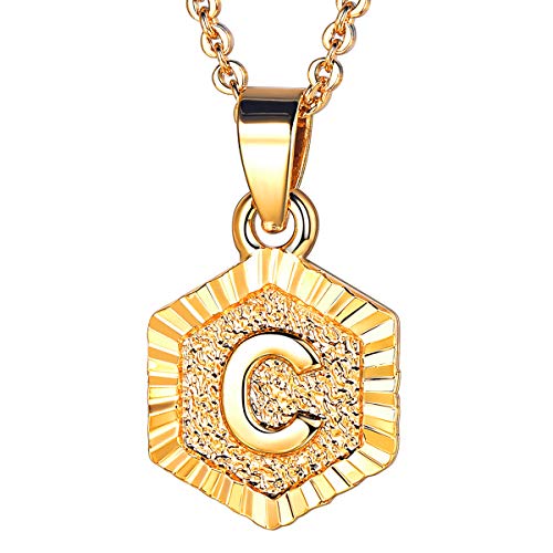 FOCALOOK Schmuck Damen Collier Buchstabe C Anhänger 18k vergoldet mit 55cm Rolokette Anfangsbuchstabe Hexagon Tag trendig Halskette für Frauen Mädchen von FOCALOOK