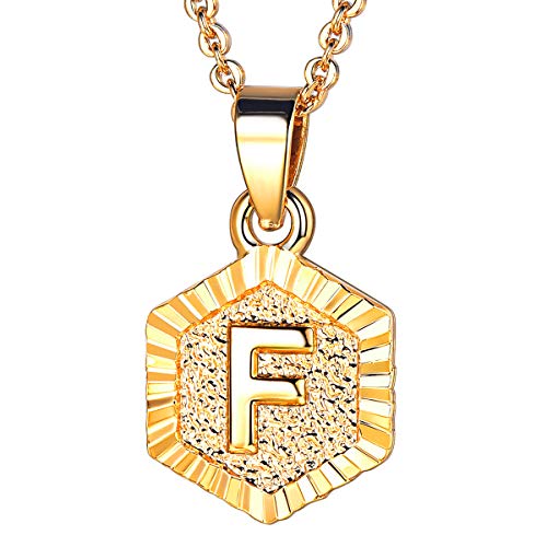 FOCALOOK Schmuck Damen Collier Buchstabe F Anhänger 18k vergoldet mit 55cm Rolokette Anfangsbuchstabe Hexagon Tag trendig Halskette für Frauen Mädchen von FOCALOOK