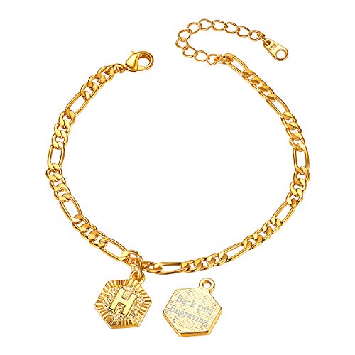 FOCALOOK Buchstabe H Fußkettchen 18k vergoldet personalisiert Knöchel Armband mit Initiale Hexagon Anhänger 22+5cm Figarokette verstellbar Damen Mädchen Sommerstrand Schmuck für Geburtstag von FOCALOOK