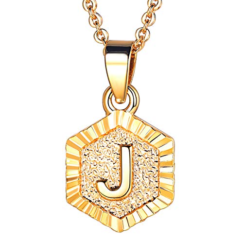 FOCALOOK Schmuck Damen Collier Buchstabe J Anhänger 18k vergoldet mit 55cm Rolokette Anfangsbuchstabe Hexagon Tag trendig Halskette für Frauen Mädchen von FOCALOOK